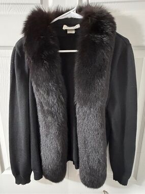 Vintage Lilli Ann Collections Black Fur Trim Knit wool Cardigan Jacket Size 10